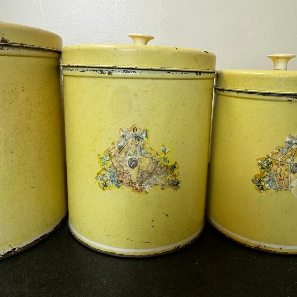 Vintage Yellow Metal Kitchen Canister Set Cottagecore Shaby Country 4 Piece Shan